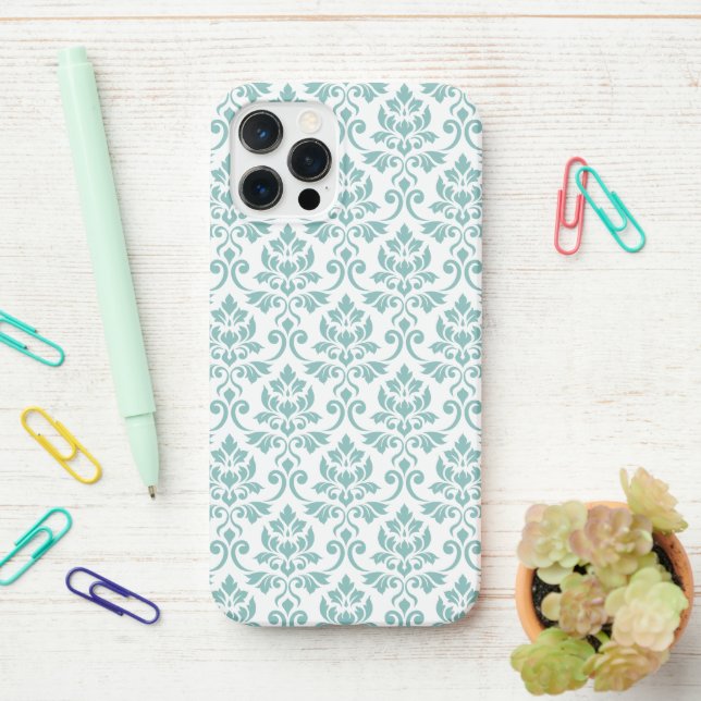 Feuille Damask Teal Pattern iPhone Case (On Desk)