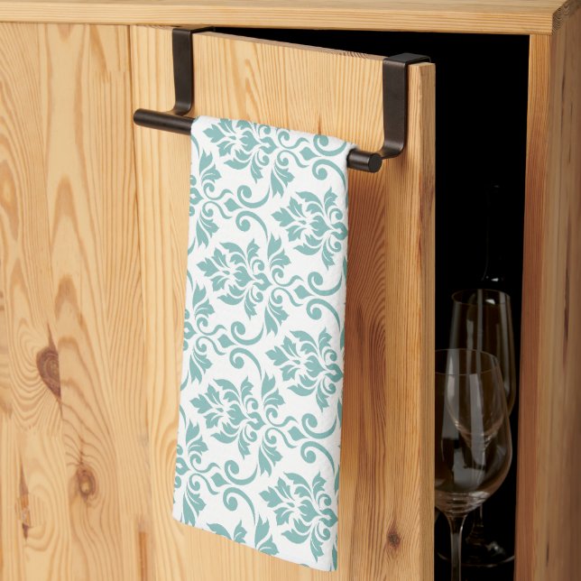 Feuille Damask Teal Pattern Kitchen Towel (Thirds Fold)