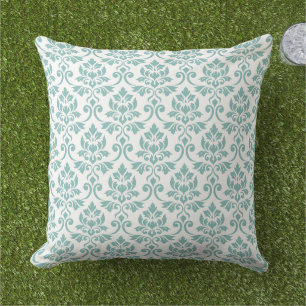 Feuille Damask Teal Pattern Outdoor Pillow