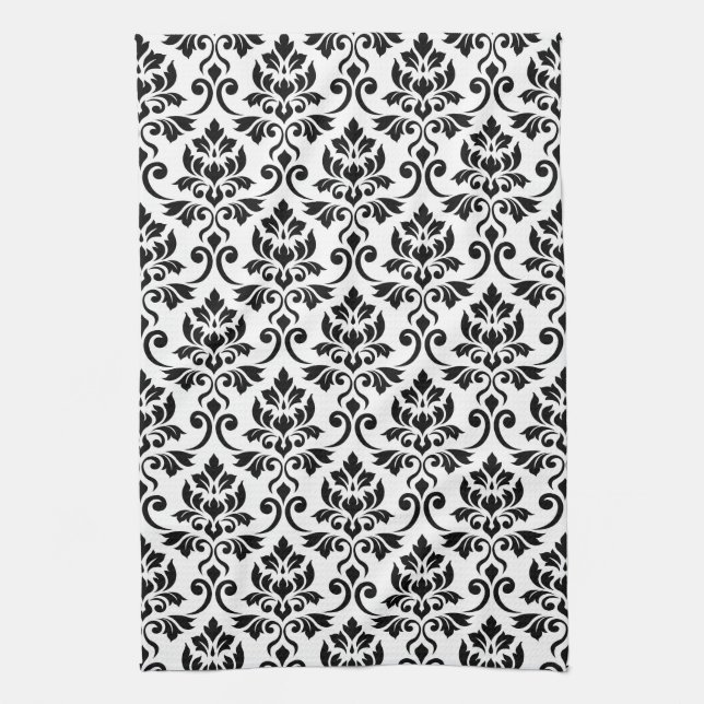 Feuille Damask (v) Pattern Black on White Kitchen Towel (Vertical)