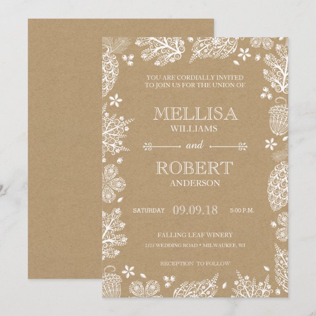Feuille de dentelle sur le faire-part de mariage (Devant / Derrière)