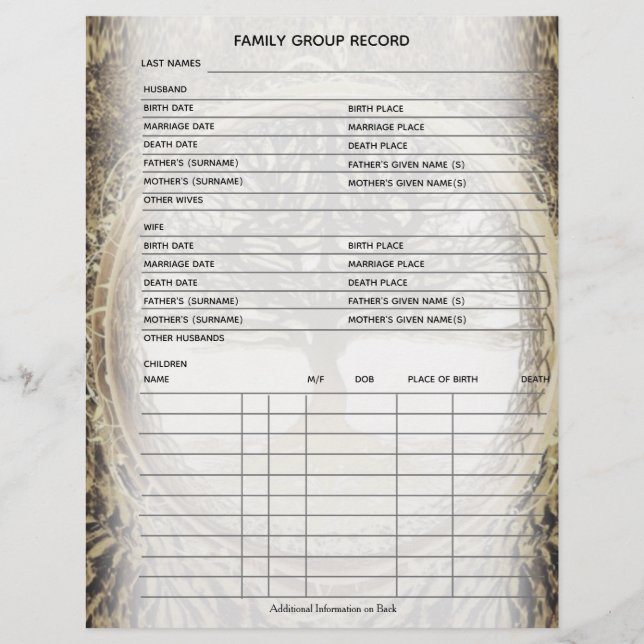 Feuille de groupe Ancêtres généalogique de l'arbre (Devant)
