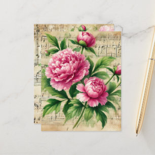 Feuille de musique vintage rose et vert pivoines