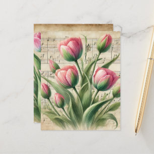 Feuille de musique vintage rose et verte Tulipes