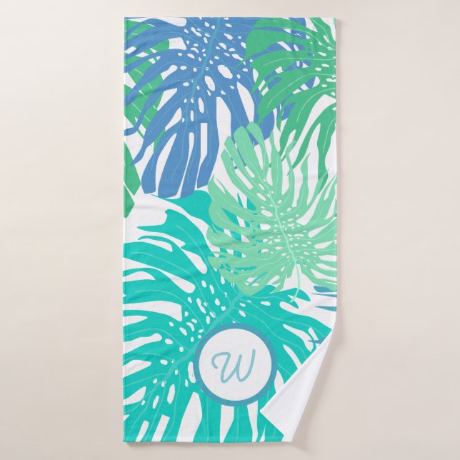 Feuille de palme tropicale monogrammé (Serviette de bain)