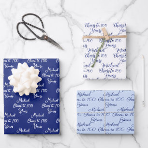 Feuille De Papier Cadeau 100 ans Marine Bleu clair 100e anniversaire