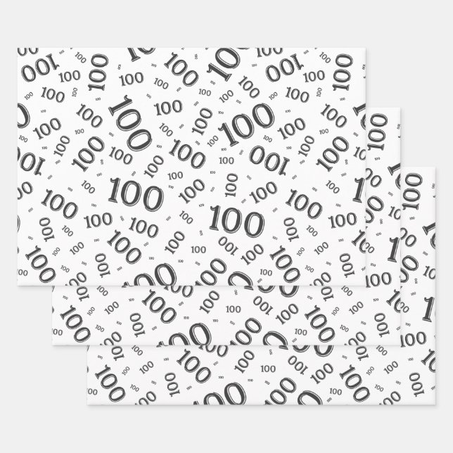 Feuille De Papier Cadeau 100e anniversaire Numéro noir et blanc Motif 100 (Lot)