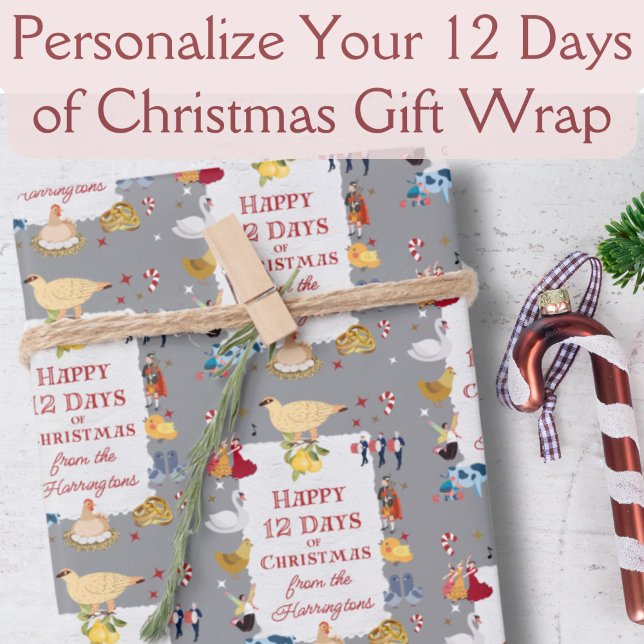 Feuille De Papier Cadeau 12 Days of Christmas Cool Retro Personalized  (This retro gray wrapping paper features images from "The Twelve Days of Christmas.")