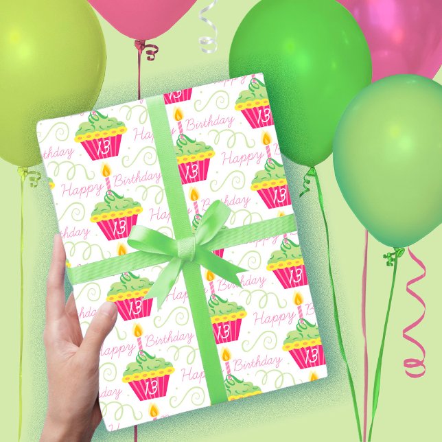 Feuille De Papier Cadeau 13e anniversaire Pink Green Cupcakes (Créateur téléchargé)
