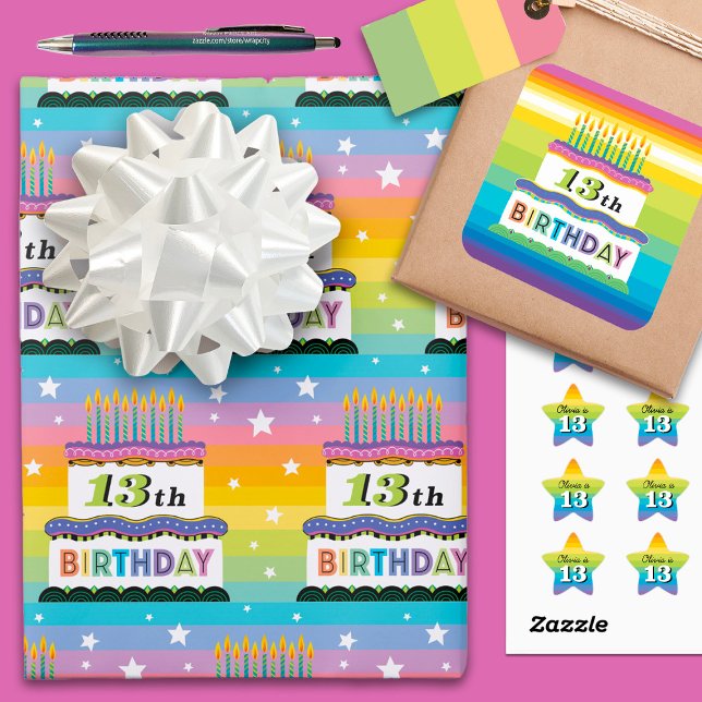 Feuille De Papier Cadeau 13e anniversaire Rainbow Stripes Cake (Créateur téléchargé)