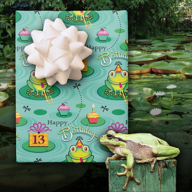 Feuille De Papier Cadeau 13e mignonne grenouille d'anniversaire (Créateur téléchargé)
