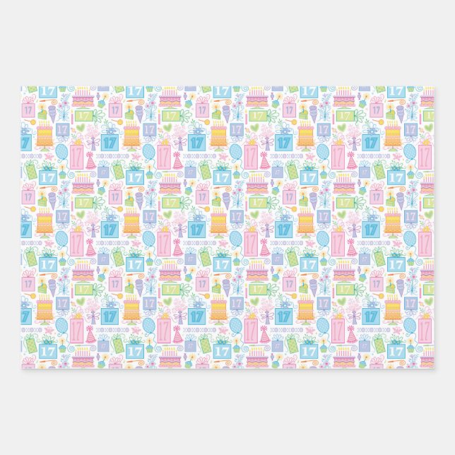 Feuille De Papier Cadeau 17e anniversaire Pastel Pink Cake présente des bal (Devant)