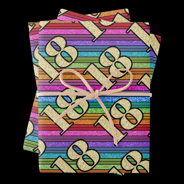 Feuille De Papier Cadeau 18e anniversaire Gold Numbers Rainbow Stripe Parti (Créateur téléchargé)