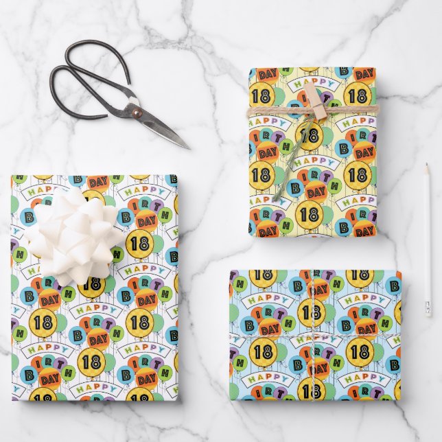 Feuille De Papier Cadeau 18e anniversaire heureux typographie Ballons (Recto)