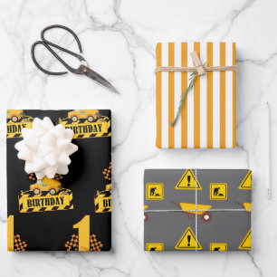 Feuille De Papier Cadeau 1er anniversaire Boy Construction Thème Motif