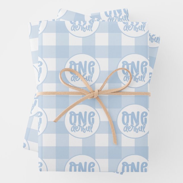 Feuille De Papier Cadeau 1er anniversaire fête mignonne Pastel Blue Onederf (En situation)