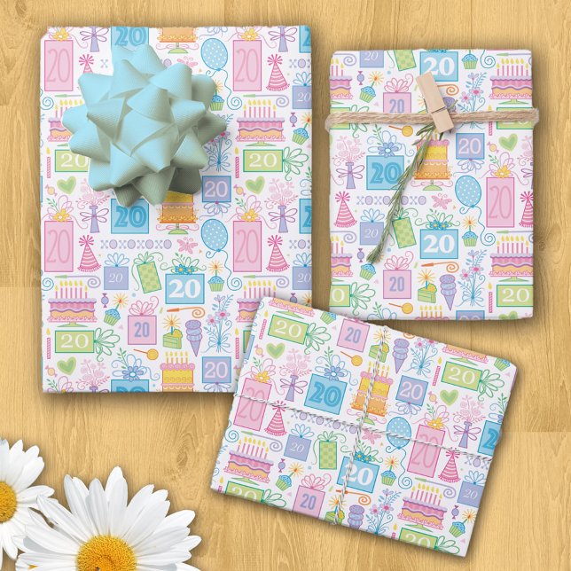 Feuille De Papier Cadeau 20e anniversaire Pastel Pink Cake présente des bal (Créateur téléchargé)