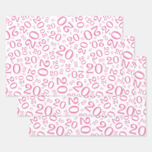 Feuille De Papier Cadeau 20e anniversaire Pink/White Random Numéro Motif 20