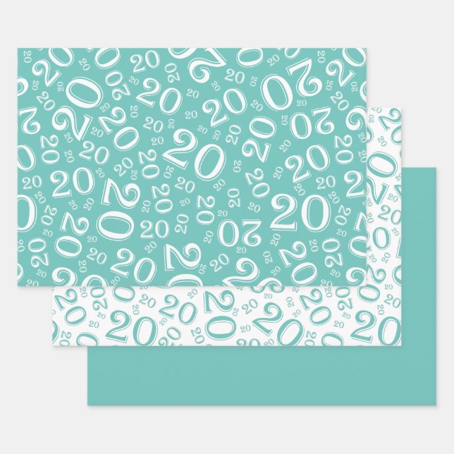 Feuille De Papier Cadeau 20e anniversaire Turquoise et blanc Motif 20 (Lot)