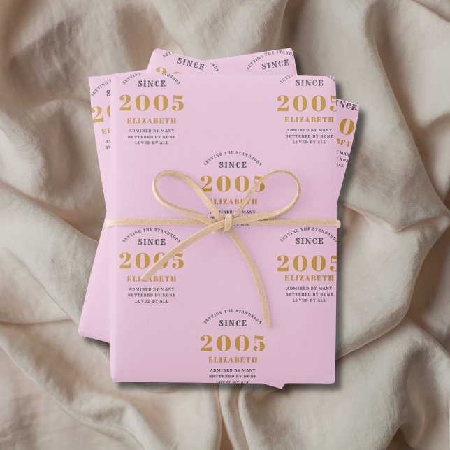 Feuille De Papier Cadeau 20th Birthday 2005 Ajouter le nom Pink Grey (20th birthday personalized pink wrapping paper.)