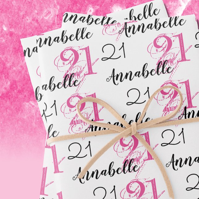 Feuille De Papier Cadeau 21 ans rose 21e anniversaire Ajouter des noms (in-situ depiction of wrapping paper set)