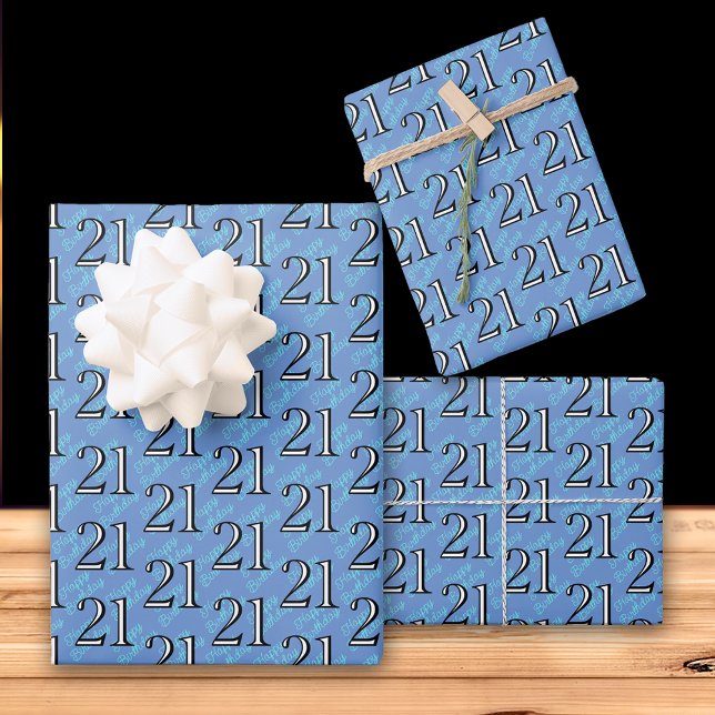 Feuille De Papier Cadeau 21e anniversaire bleu (Créateur téléchargé)