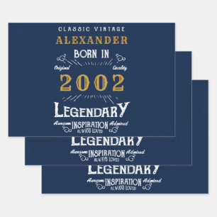 Feuille De Papier Cadeau 21e anniversaire Né 2002 Vintage Blue Gold Legend