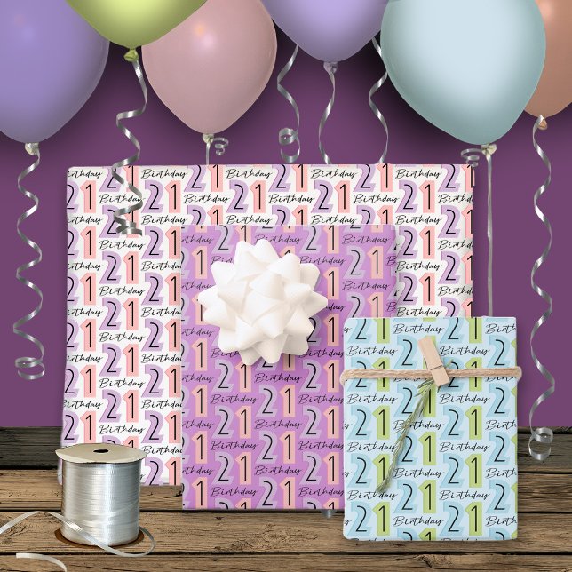 Feuille De Papier Cadeau 21e Anniversaire Numéros Purple Rose (Créateur téléchargé)