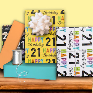 Feuille De Papier Cadeau 21e anniversaire Typographie colorée