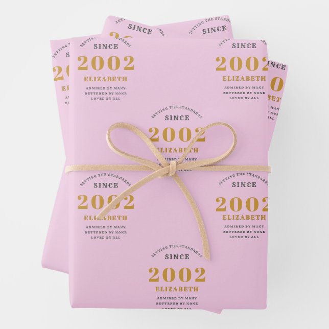 Feuille De Papier Cadeau 21st Birthday 2002 Ajouter le nom Pink Grey (En situation)