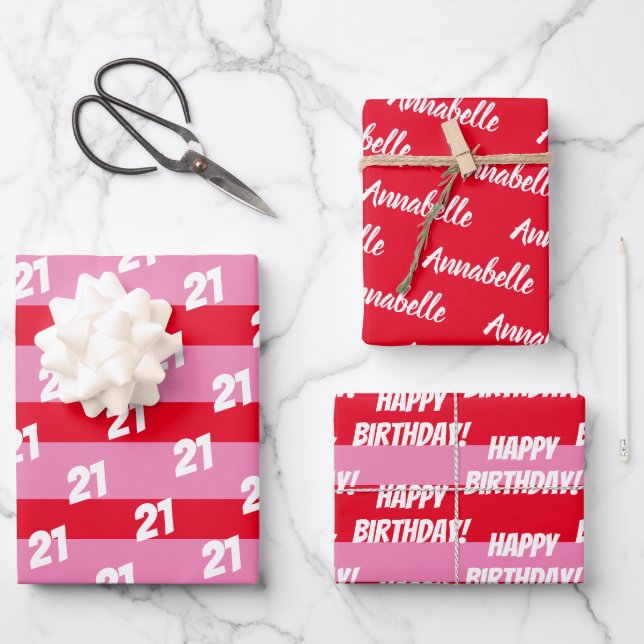 Feuille De Papier Cadeau 21st Happy Birthday Pink Red Ajouter Nom Motif (Recto)