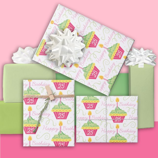 Feuille De Papier Cadeau 25e anniversaire Pink Green Cupcakes (Créateur téléchargé)