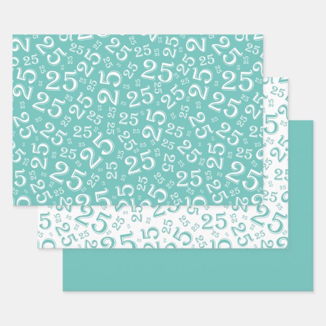 Feuille De Papier Cadeau 25e anniversaire Turquoise et blanc Motif 25 (Lot)