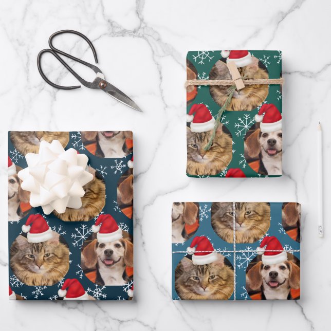 Feuille De Papier Cadeau 2 Animaux de compagnie Santa Hat sur les têtes Blu (Recto)