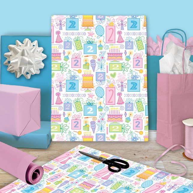 Feuille De Papier Cadeau 2e anniversaire Pastel Pink Cake présente des ball (Créateur téléchargé)