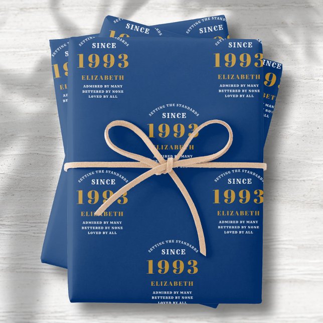 Feuille De Papier Cadeau 30e anniversaire 1993 Blue Gold Chic Elegant (Créateur téléchargé)