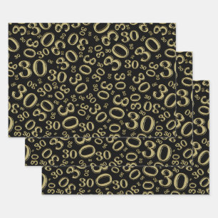 Feuille De Papier Cadeau 30e anniversaire Black & Gold Random Number Motif