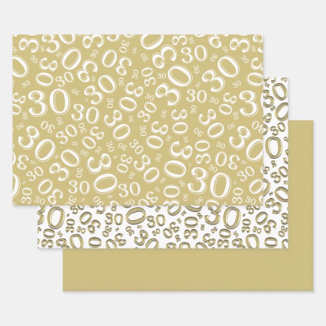 Feuille De Papier Cadeau 30e anniversaire Gold & White Number Motif 30 (Lot)