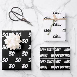 Feuille De Papier Cadeau 30e anniversaire personnalisé nom noir et blanc
