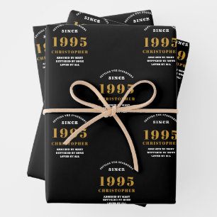 Feuille De Papier Cadeau 30th Birthday born 1995 Ajouter Nom Black Gold