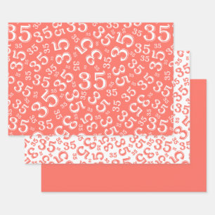 Feuille De Papier Cadeau 35e anniversaire corail/blanc Motif numéro aléatoi
