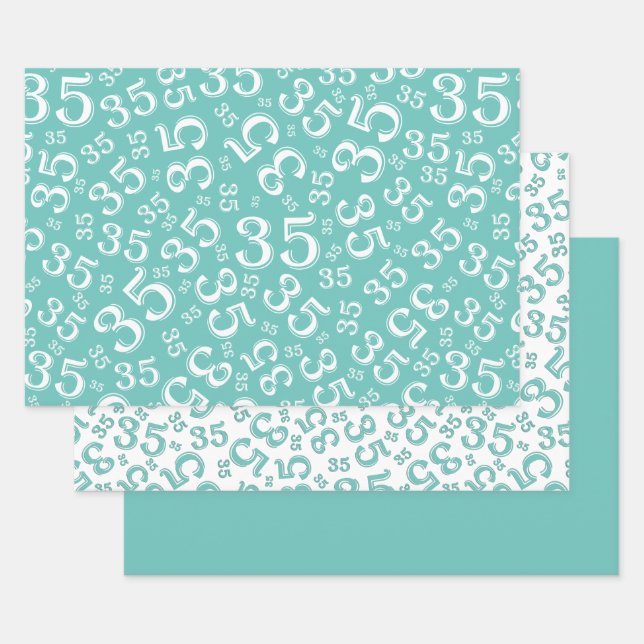 Feuille De Papier Cadeau 35e anniversaire Turquoise et blanc Motif 35 (Lot)