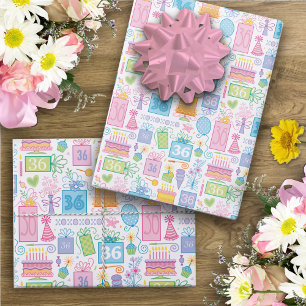 Feuille De Papier Cadeau 36e anniversaire Pastel Pink Cake présente des bal