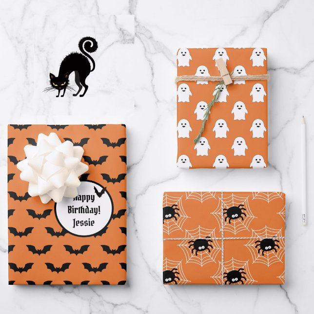 Feuille De Papier Cadeau 3 Coordonnées d'Halloween NOM Chauves-souris Fantô (Créateur téléchargé)