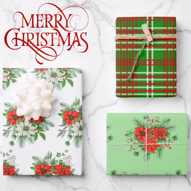 Feuille De Papier Cadeau 3 Coordonnées Noël Poinsettia Rouge Plaid (Créateur téléchargé)