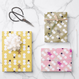 Feuille De Papier Cadeau 3 couleurs de bonhomme de neige et de pain d'épice
