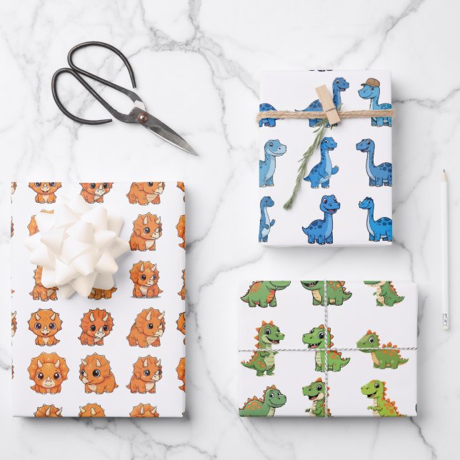 Feuille De Papier Cadeau 3 Cute Dinosaur Pattern Birthday Wrapping Paper Se (Recto)