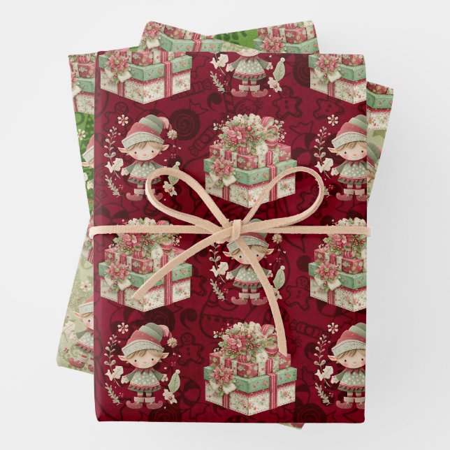 Feuille De Papier Cadeau 3 Elfes de Noël jolies présents (En situation)