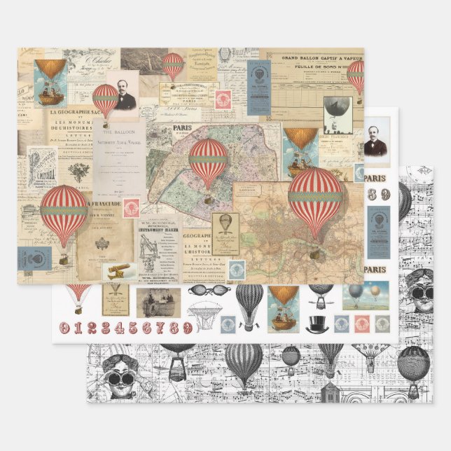 Feuille De Papier Cadeau 3 Ephémères de collection de ballons aéronautiques (Lot)