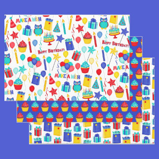 Feuille De Papier Cadeau 3 Joyeux anniversaire Rouge Jaune & Bleu Enfants